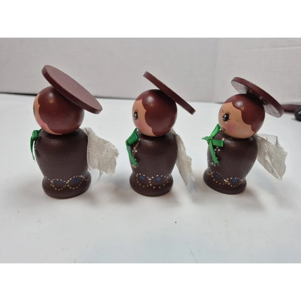 Vintage Hand‎ Painted Wooden Angel Ornaments Set of 3 Retro Kitsch Lace Wings